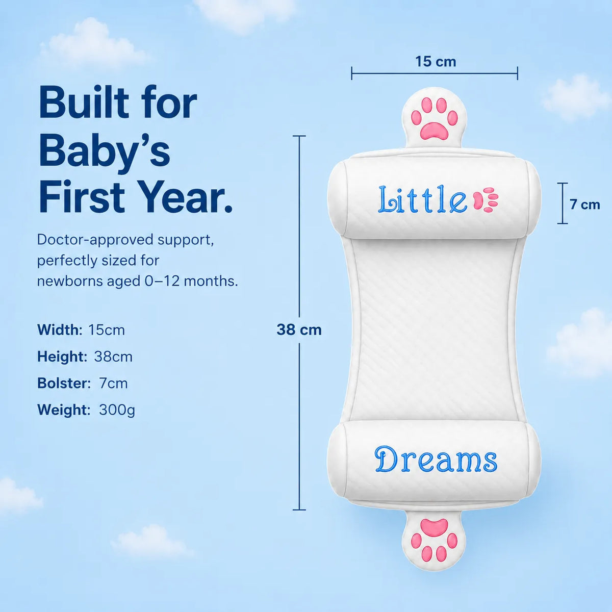 PebbleBloom baby pillow dimensions diagram